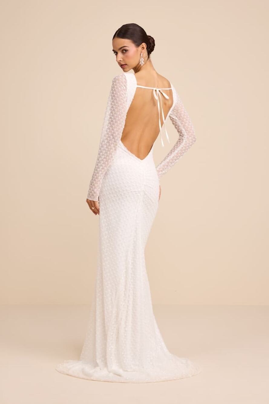 lulus long sleeve backless dress Lulu's Dresses | Mariani White Sequin Beaded Maxi Medium Nwt | Color: White | Size: M Size:UK 14 Sexy Short A-line V Airy woven chiffon shapes its my birthday month